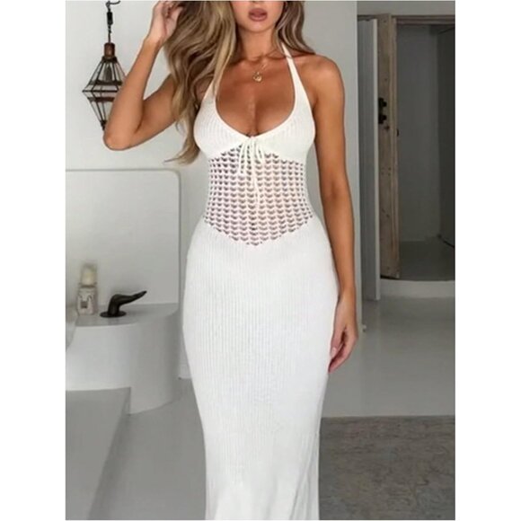 Women's Knit Maxi Dress Hollow Out Backless Halter Beach Dress Small - Picture 4 of 5
